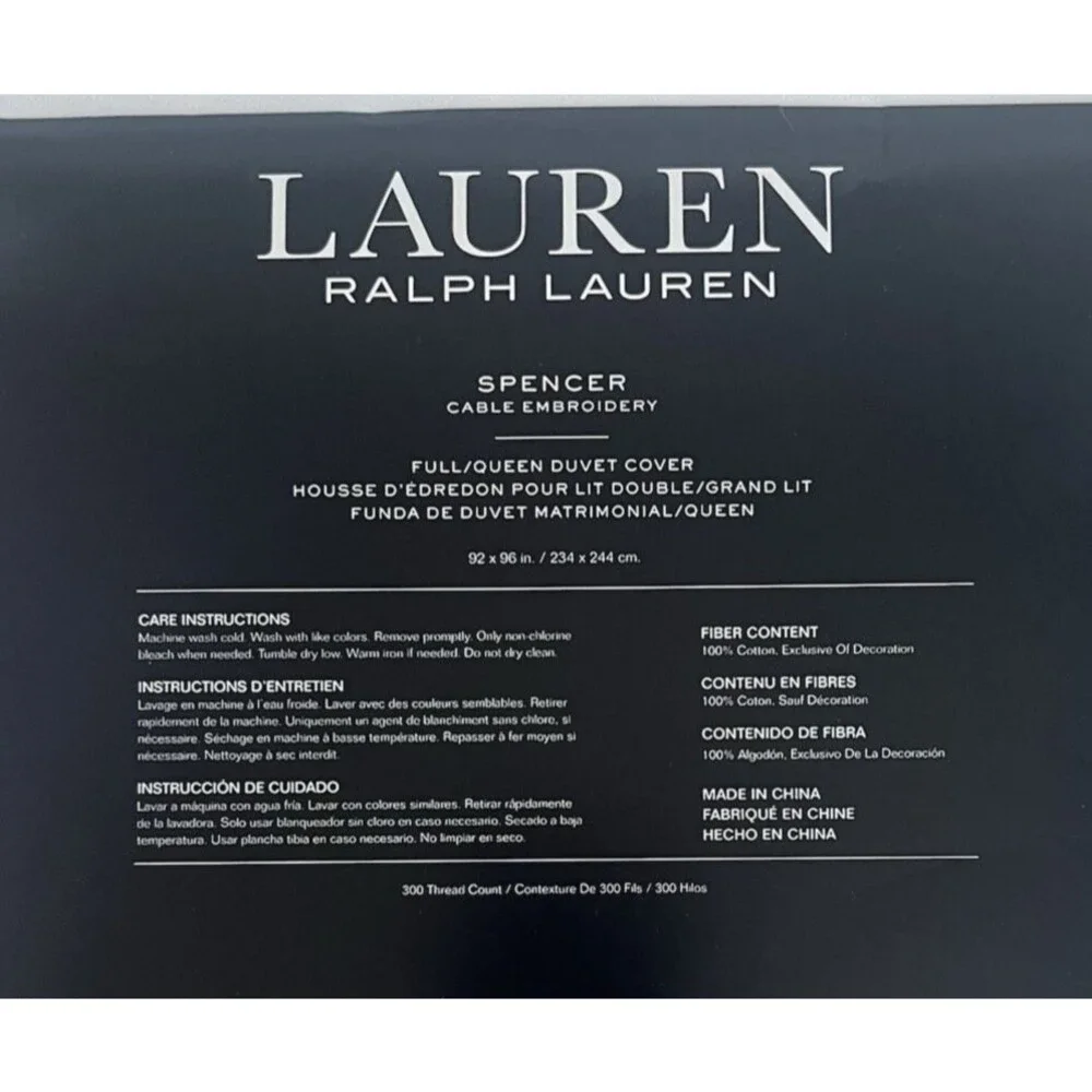 Ralph Lauren Spencer Cable Embroidered Queen Duvet Cover White Navy Cotton NEW